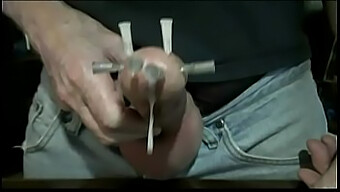 Masturbation And Cumshot With Needles On Big Cock