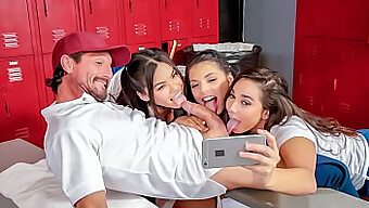 Three Brunettes, Gina Valentina, Karlee Grey, And Cindy Starfall, Indulge In A Steamy Orgy On A Couch In A Locker Room